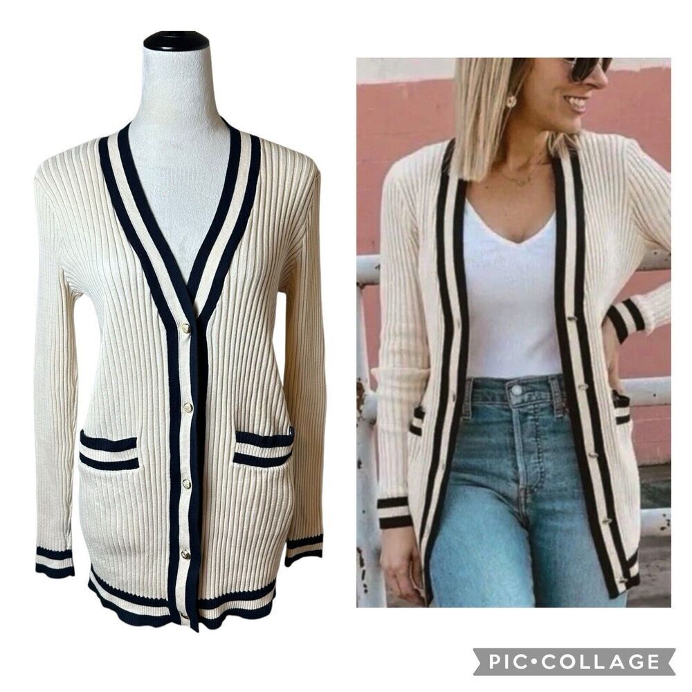Cabi Ribbed Cotton Cardigan Sweater Small | Ivory Navy Trim‎ Preppy Coastal Chic